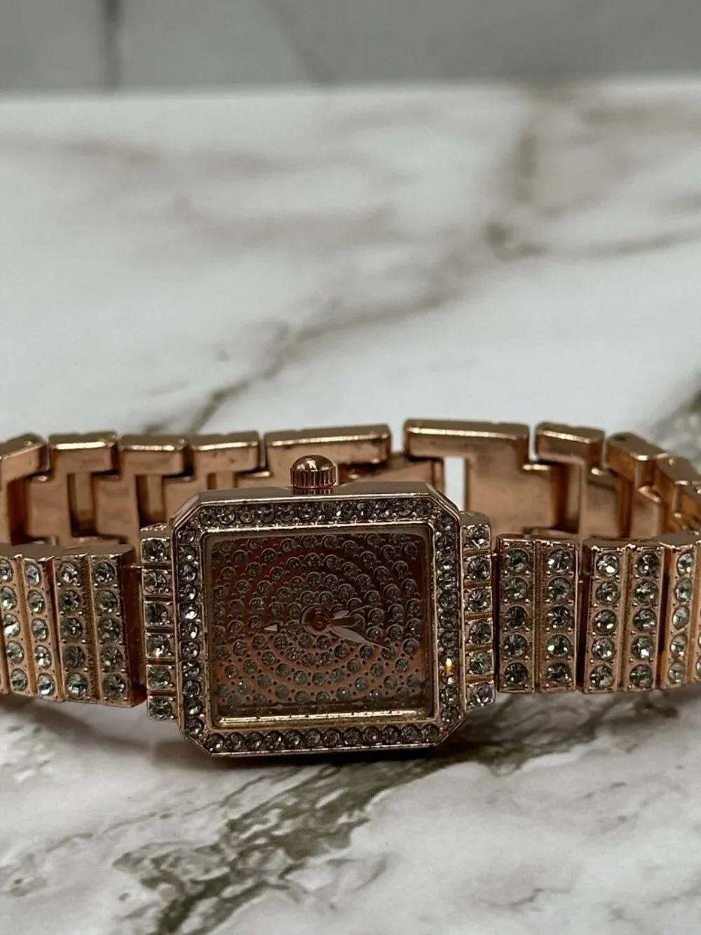 Rose Gold Tone Rhinestone Watch Womens Square Dial 20MM New Battery 6.5 Inch